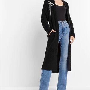Express Cottagecore Embellished Longline Cable-Knit BLK Bow Brooch Cardigan Sz M